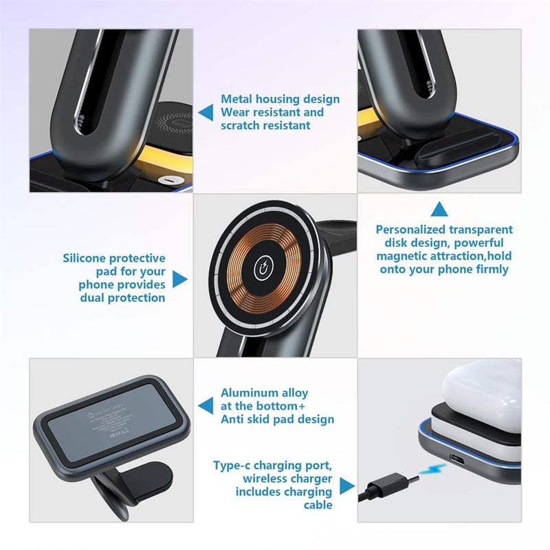 Luckam 4 in-1 Magnetic Wireless Ch ar ging Stand 15W Fast Cha rger with Adjustable Night Light for iPhone 14&13&12 Series/Pro/Pro Max/Mini, iWatch 7/6/SE/5/4/3/2, AirPods 3/2/Pro - Image 5