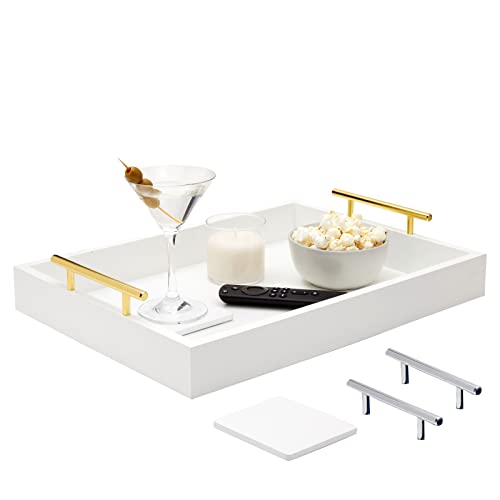 White Serving Tray with Handles and Coasters  Decorative Coffee Table Tray with Interchangeable Gold and Silver Handles 1657 x 122 x 31 inches