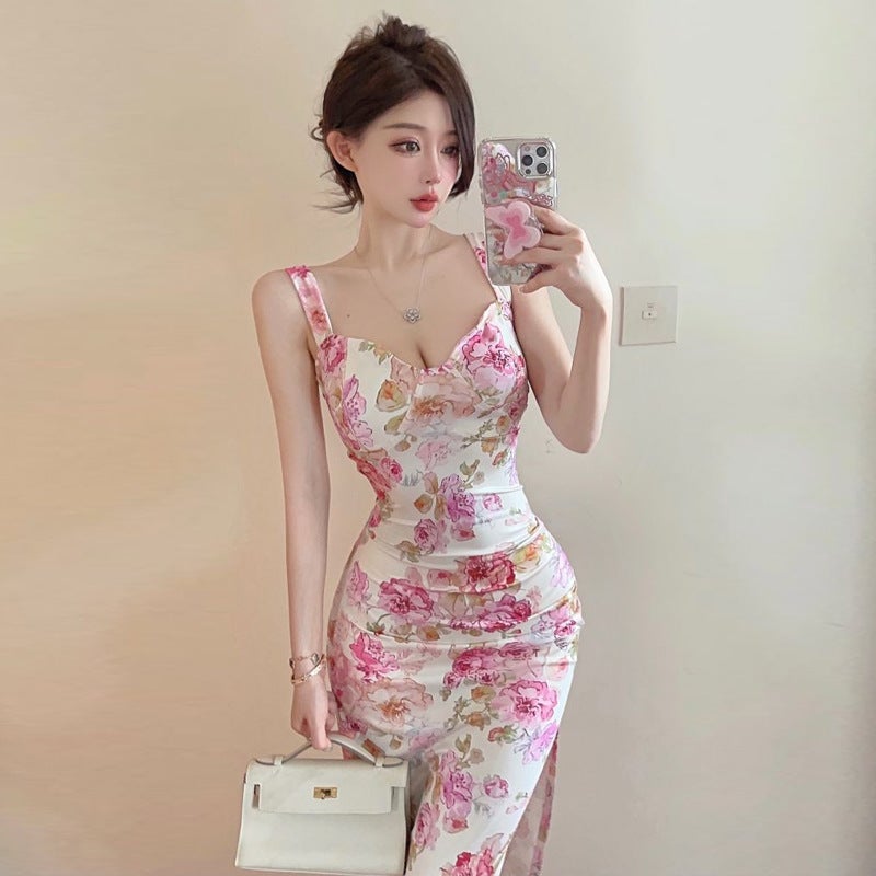 0178 Europe, America and Southeast Asia Foreign Trade Wholesale 2023 Womens Fashion Printed Spice Girl Slim-fit Sweet Sling Dress Picture Color