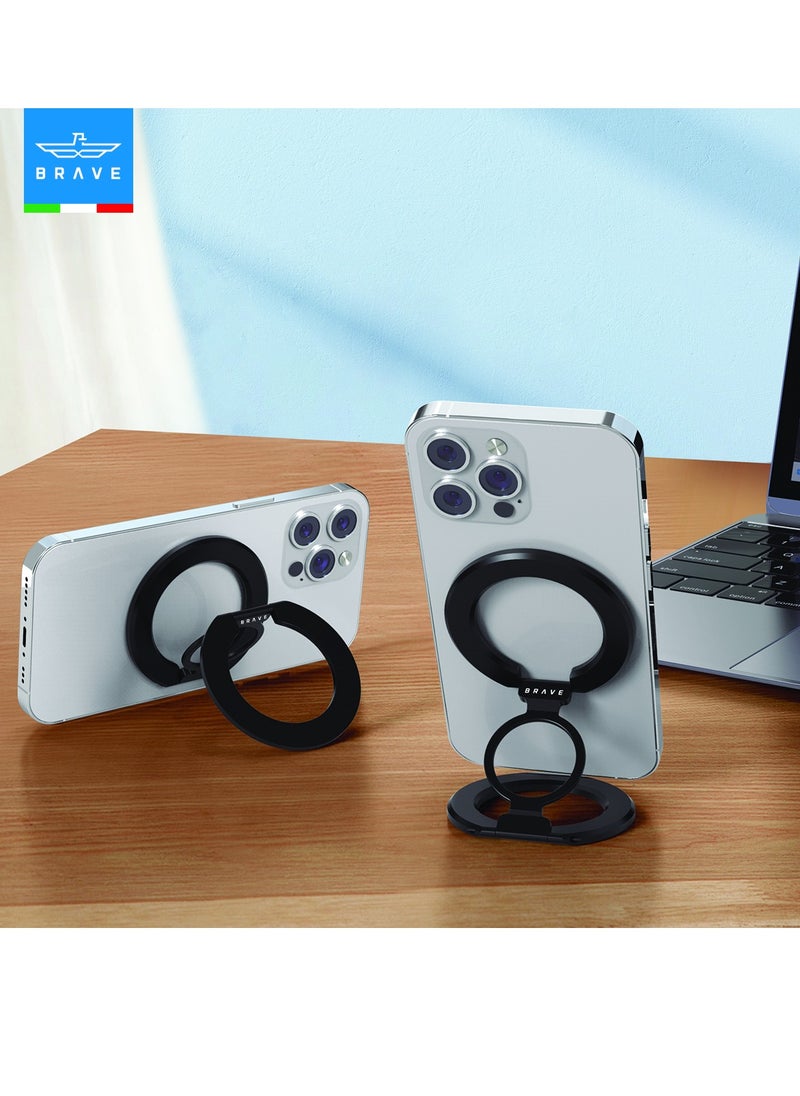 Brave 3-in-1 Foldable Magnetic Phone Holder, Dual-Sided Magnetic Removable Ring Grip & Kickstand, Universal Stand for iPhone 16/15/14/13/12 MagSafe Case & Android, Compatible with Magnetic Car Mount, Gym, Desk Use, Strong Magnet, All-Metal Portable Stand, Supports All iOS/Android Devices, Multi-Purpose Accessory (Black)  - Image 2