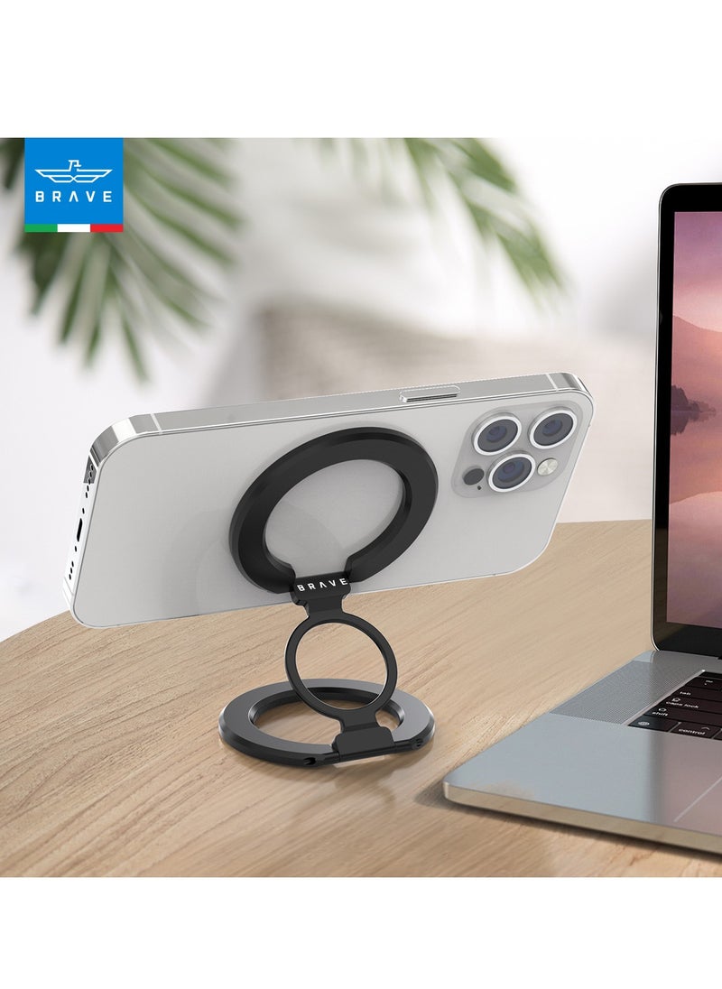 3-in-1 Foldable Magnetic Phone Holder, Dual-Sided Magnetic Removable Ring Grip & Kickstand, Universal Stand for iPhone 16/15/14/13/12 MagSafe Case & Android, Compatible with Magnetic Car Mount, Gym, Desk Use, Strong Magnet, All-Metal Portable Stand, Supports All iOS/Android Devices, Multi-Purpose Accessory (Black)