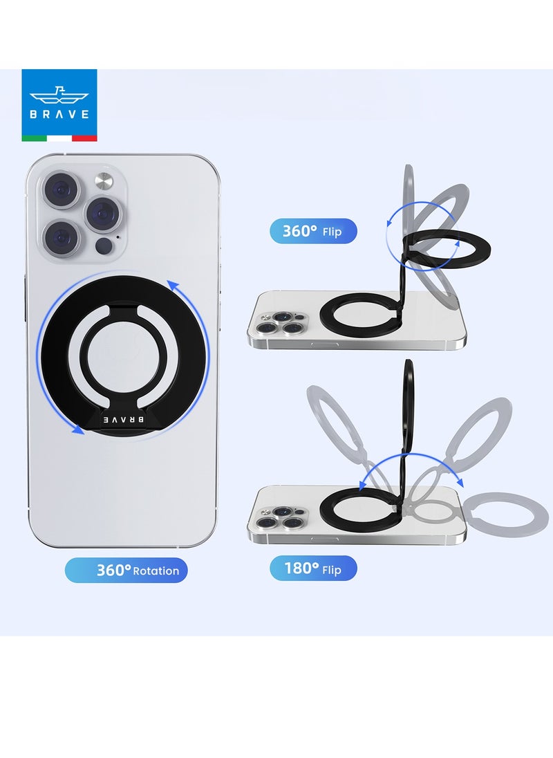 3-in-1 Foldable Magnetic Phone Holder, Dual-Sided Magnetic Removable Ring Grip & Kickstand, Universal Stand for iPhone 16/15/14/13/12 MagSafe Case & Android, Compatible with Magnetic Car Mount, Gym, Desk Use, Strong Magnet, All-Metal Portable Stand, Supports All iOS/Android Devices, Multi-Purpose Accessory (Black)