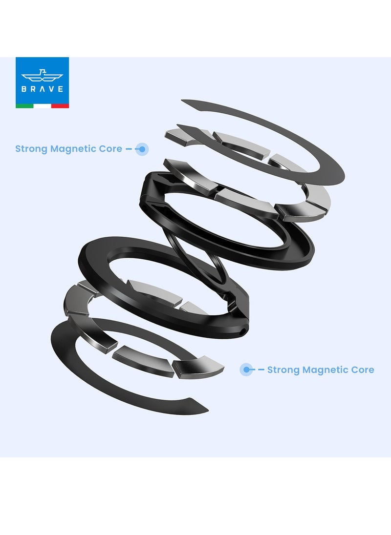 3-in-1 Foldable Magnetic Phone Holder, Dual-Sided Magnetic Removable Ring Grip & Kickstand, Universal Stand for iPhone 16/15/14/13/12 MagSafe Case & Android, Compatible with Magnetic Car Mount, Gym, Desk Use, Strong Magnet, All-Metal Portable Stand, Supports All iOS/Android Devices, Multi-Purpose Accessory (Black)