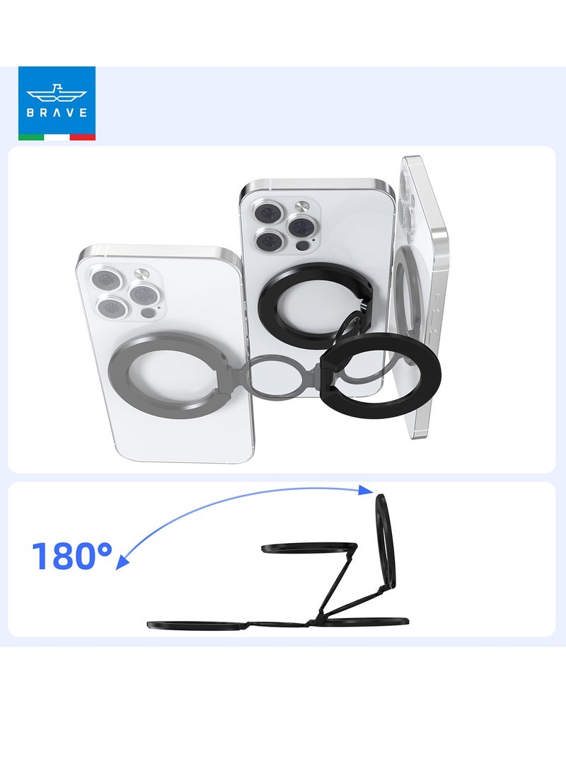 3-in-1 Foldable Magnetic Phone Holder, Dual-Sided Magnetic Removable Ring Grip & Kickstand, Universal Stand for iPhone 16/15/14/13/12 MagSafe Case & Android, Compatible with Magnetic Car Mount, Gym, Desk Use, Strong Magnet, All-Metal Portable Stand, Supports All iOS/Android Devices, Multi-Purpose Accessory (Black)