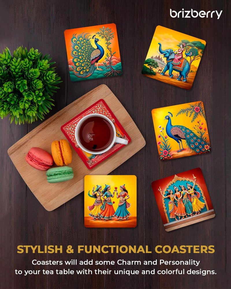 Brizberry® Premium Ethnic Peacock Elephant Rajasthani Square Wooden Coasters, Fit for Tea Cups, Coffee Mugs and Glasses 4 8 12 (3.5X3.5 Inch) Square 11 (Set of 6) - Image 2