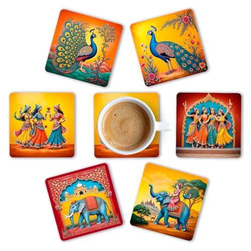 Brizberry® Premium Ethnic Peacock Elephant Rajasthani Square Wooden Coasters, Fit for Tea Cups, Coffee Mugs and Glasses 4 8 12 (3.5X3.5 Inch) Square 11 (Set of 6) - Image 1