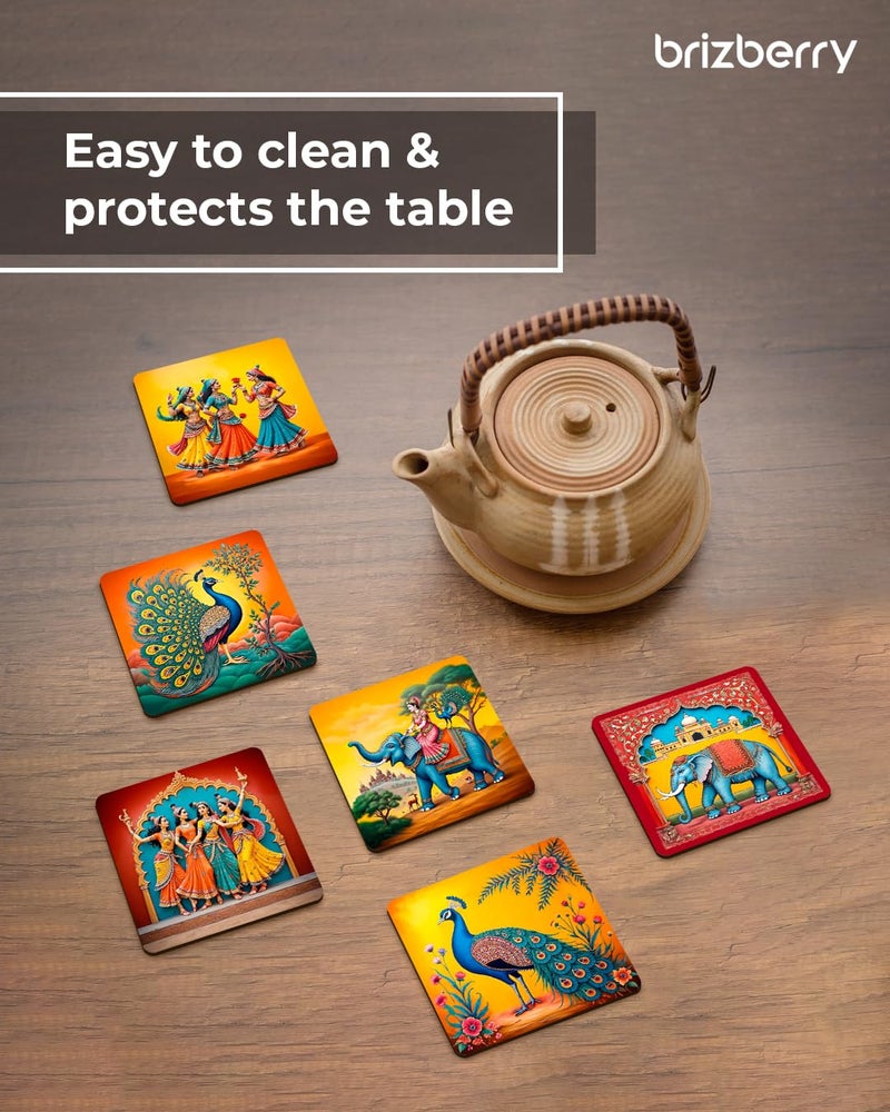 Brizberry® Premium Ethnic Peacock Elephant Rajasthani Square Wooden Coasters, Fit for Tea Cups, Coffee Mugs and Glasses 4 8 12 (3.5X3.5 Inch) Square 11 (Set of 6) - Image 4