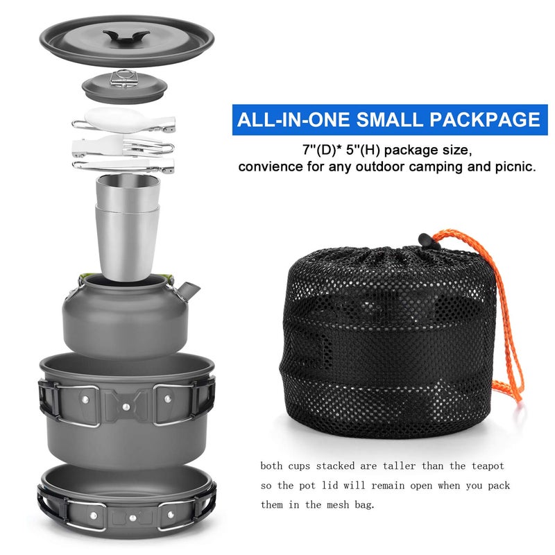 Odoland 11pcs Camping Cookware Mess Kit for 2 People, Lightweight Outdoor Pot Pan Kettle with 2 Cups, Fork Knife Spoon Kit Backpacking Picnic Gear for Trekking and Hiking - Image 2