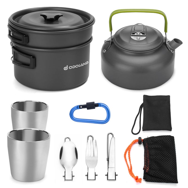 Odoland 11pcs Camping Cookware Mess Kit for 2 People, Lightweight Outdoor Pot Pan Kettle with 2 Cups, Fork Knife Spoon Kit Backpacking Picnic Gear for Trekking and Hiking - Image 1
