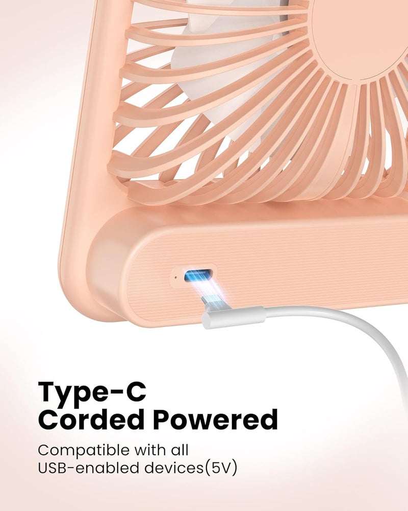 Koonie USB Desk Fan, Strong Wind Ultra Quiet Small Personal Fan with 180° Tilt Folding and 3 Speeds Adjustable, USB-C Corded Powered Mini USB Fan for Office Desktop Bedroom Pink - Image 4