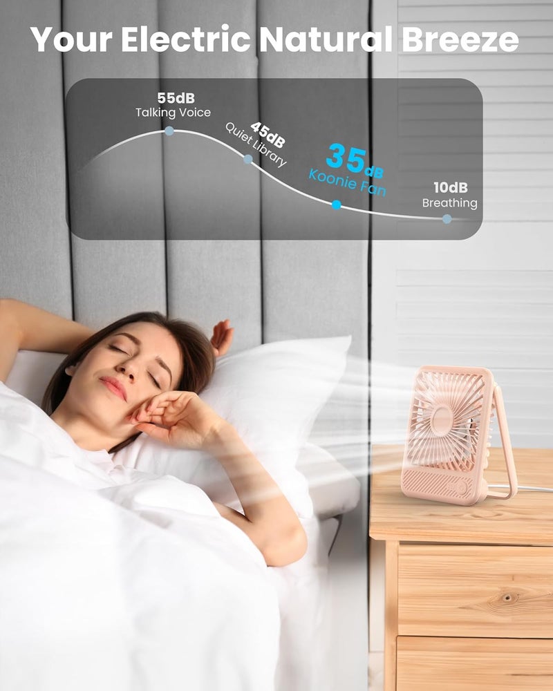 Koonie USB Desk Fan, Strong Wind Ultra Quiet Small Personal Fan with 180° Tilt Folding and 3 Speeds Adjustable, USB-C Corded Powered Mini USB Fan for Office Desktop Bedroom Pink - Image 5