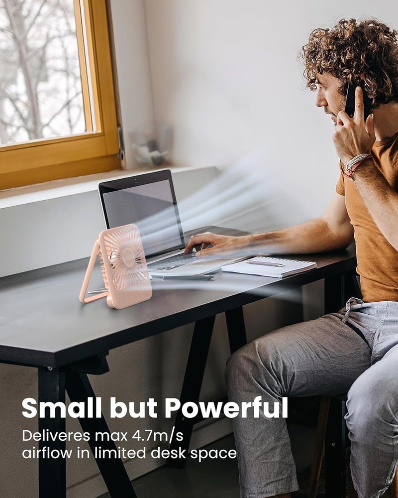 Koonie USB Desk Fan, Strong Wind Ultra Quiet Small Personal Fan with 180° Tilt Folding and 3 Speeds Adjustable, USB-C Corded Powered Mini USB Fan for Office Desktop Bedroom Pink - Image 2