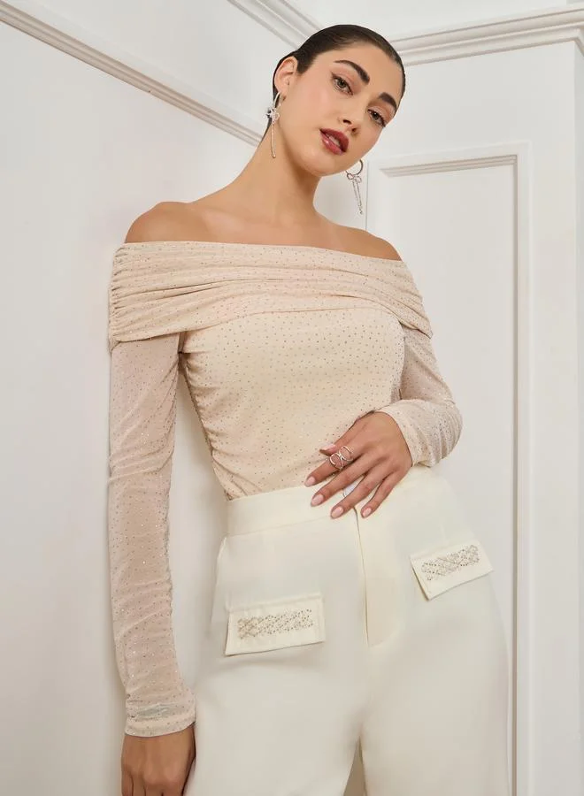 Styli Women Off-White Off Shoulder Neck Sequin Top