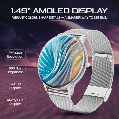 PunnkFunnk Glavito Round Dial Smartwatch 1.49" AMOLED Display, 100+ Sports Modes, Health Tracking, Bluetooth Calling, Functional Crown Control, 100+ Watch Faces for Men & Women (Millanese Silver) - Image 2