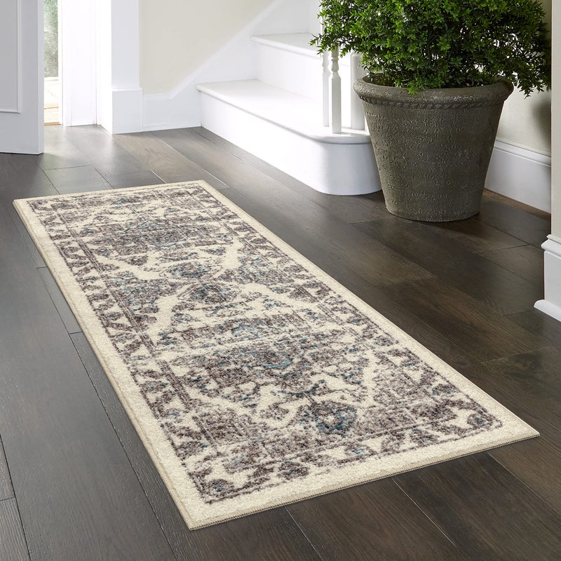 Maples Rugs Distressed Tapestry Vintage Non Slip Runner Rug for Hallway Entry Way Floor Carpet Made in USA 2 x 6 Neutral