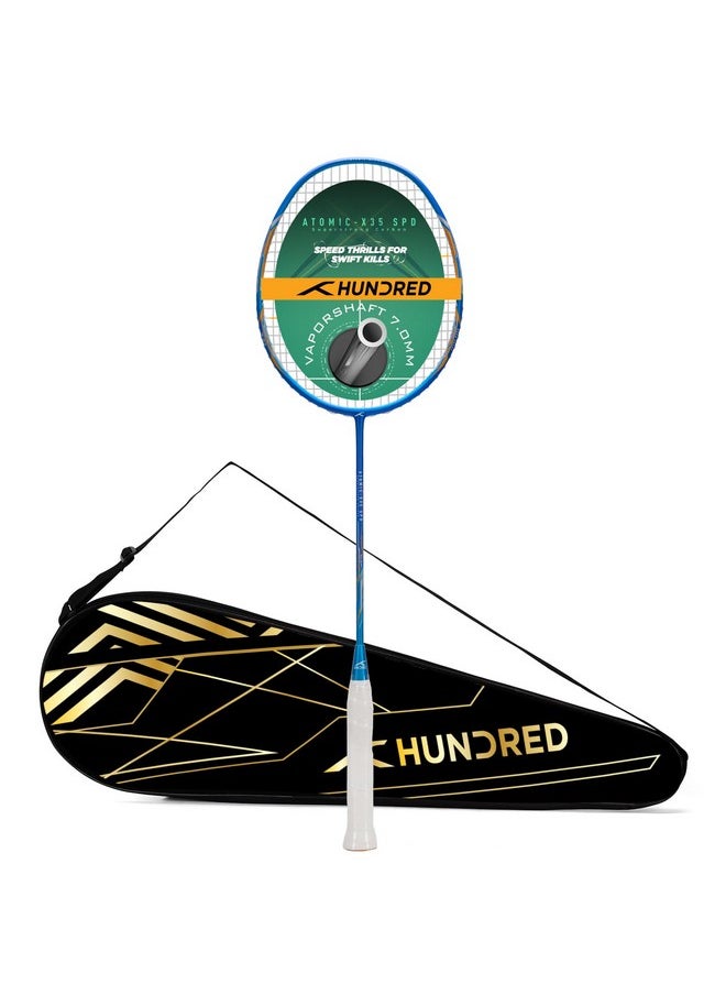 HUNDRED - Atomic-X 35 Spd Carbon Fibre Strung Badminton Racket With Full Racket Cover (Navy/Blue) | For Intermediate Players | 80Grams | Maximum String Tension - 35Lbs - Image 1