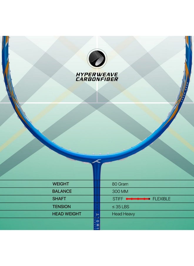 HUNDRED - Atomic-X 35 Spd Carbon Fibre Strung Badminton Racket With Full Racket Cover (Navy/Blue) | For Intermediate Players | 80Grams | Maximum String Tension - 35Lbs - Image 1