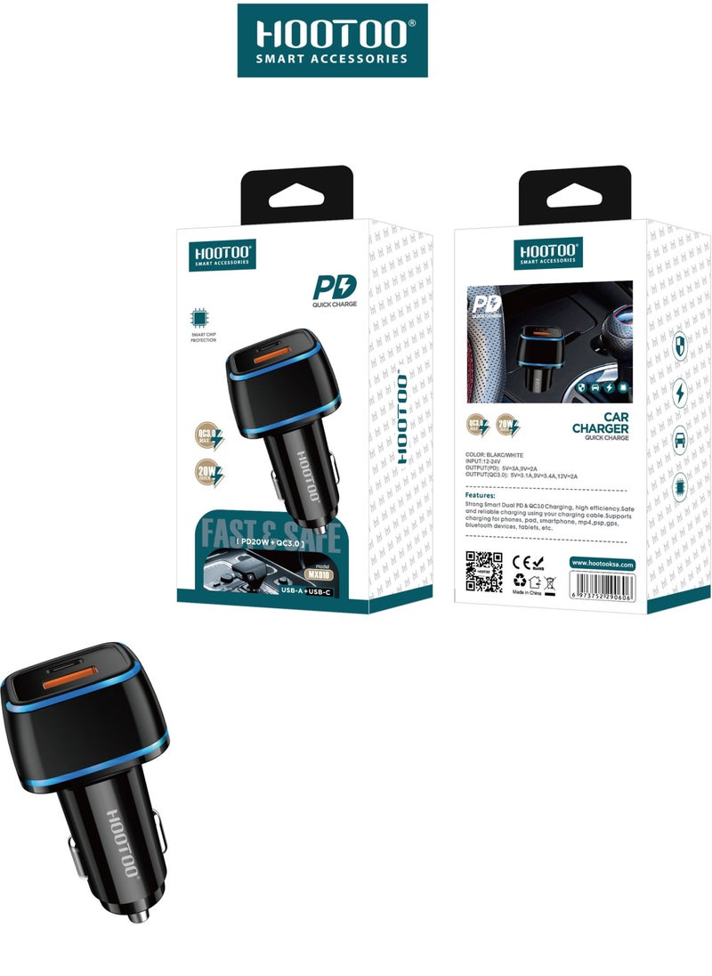 PD Fast Car Charger, 20W Charger. With PD & QC3.0 Fast Charging Car Charger, Equipped with a Chip to Protect Your Phone from Damage and Overcharging.