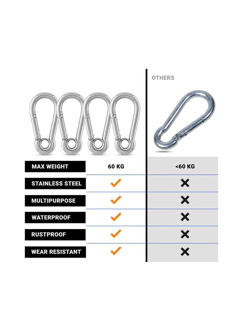 SYOSI 4 Pcs Carabiner Clip Heavy Duty - 304 Stainless Steel M6 Quick Snap Hooks with Spring Clip for Dog Leash, Bag pack, Hammock Carabiner Keyring for Indoor & Outdoor Hiking Fishing & Camping - Image 5