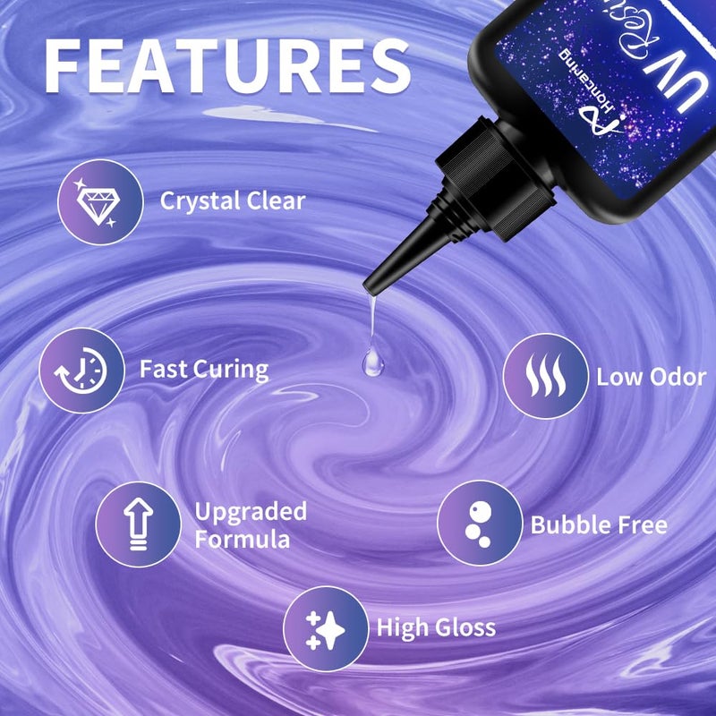 Honcaring طقم راتنج UV 200 جرام مع ضوء UV، طقم راتنج UV صلب، صيغة مطورة وراتنج UV شفاف لصنع المجوهرات، طقم راتنج UV 100 جرام*2 مع ضوء للأقراط، المعلقات، DIY - Image 4