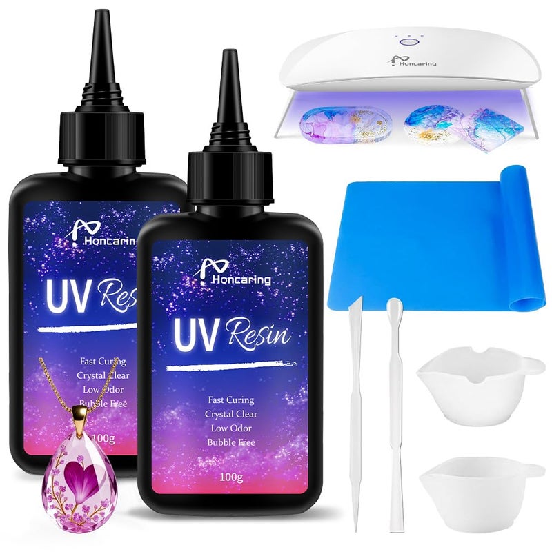 Honcaring طقم راتنج UV 200 جرام مع ضوء UV، طقم راتنج UV صلب، صيغة مطورة وراتنج UV شفاف لصنع المجوهرات، طقم راتنج UV 100 جرام*2 مع ضوء للأقراط، المعلقات، DIY - Image 1