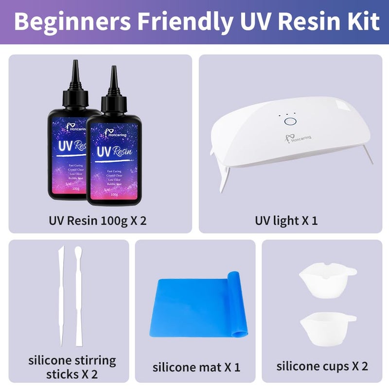 Honcaring طقم راتنج UV 200 جرام مع ضوء UV، طقم راتنج UV صلب، صيغة مطورة وراتنج UV شفاف لصنع المجوهرات، طقم راتنج UV 100 جرام*2 مع ضوء للأقراط، المعلقات، DIY - Image 2