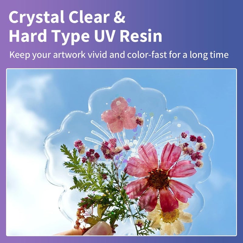 Honcaring طقم راتنج UV 200 جرام مع ضوء UV، طقم راتنج UV صلب، صيغة مطورة وراتنج UV شفاف لصنع المجوهرات، طقم راتنج UV 100 جرام*2 مع ضوء للأقراط، المعلقات، DIY - Image 5