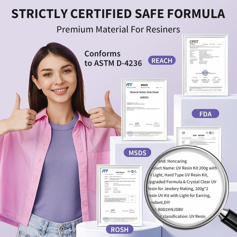 Honcaring طقم راتنج UV 200 جرام مع ضوء UV، طقم راتنج UV صلب، صيغة مطورة وراتنج UV شفاف لصنع المجوهرات، طقم راتنج UV 100 جرام*2 مع ضوء للأقراط، المعلقات، DIY - Image 3