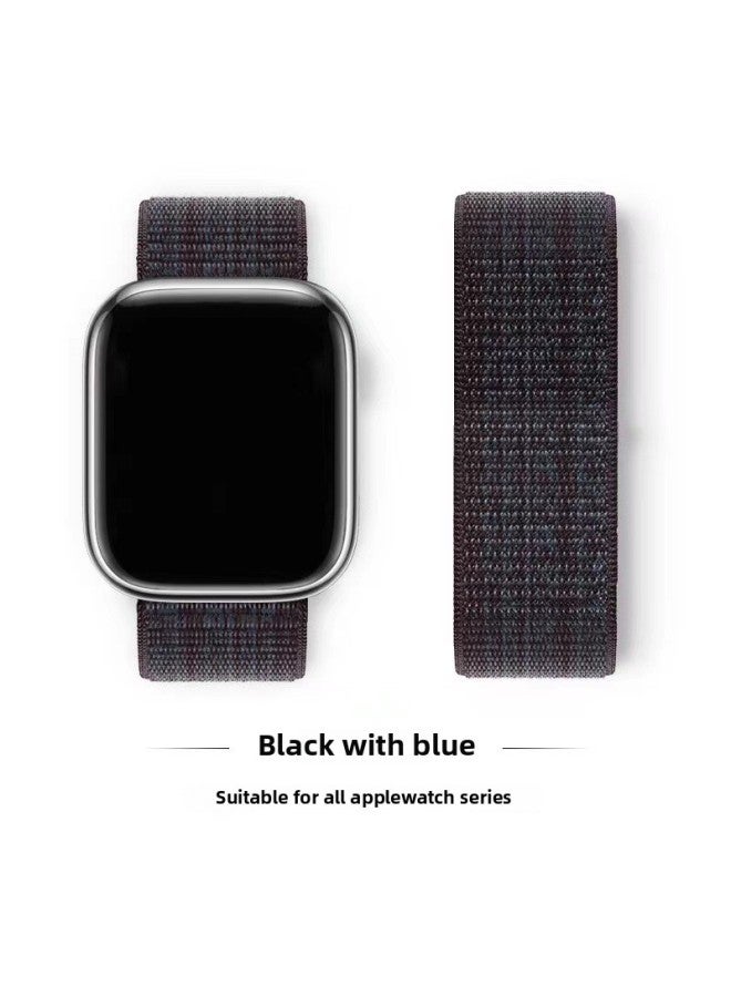 Suitable For Iwatch1-s9 Strap Light Mint/Ocean Blue Nylon Loop Velcro Wristband For Apple Watch Strap-Color:116# Black With Blue-Specifications:38/40/41mm