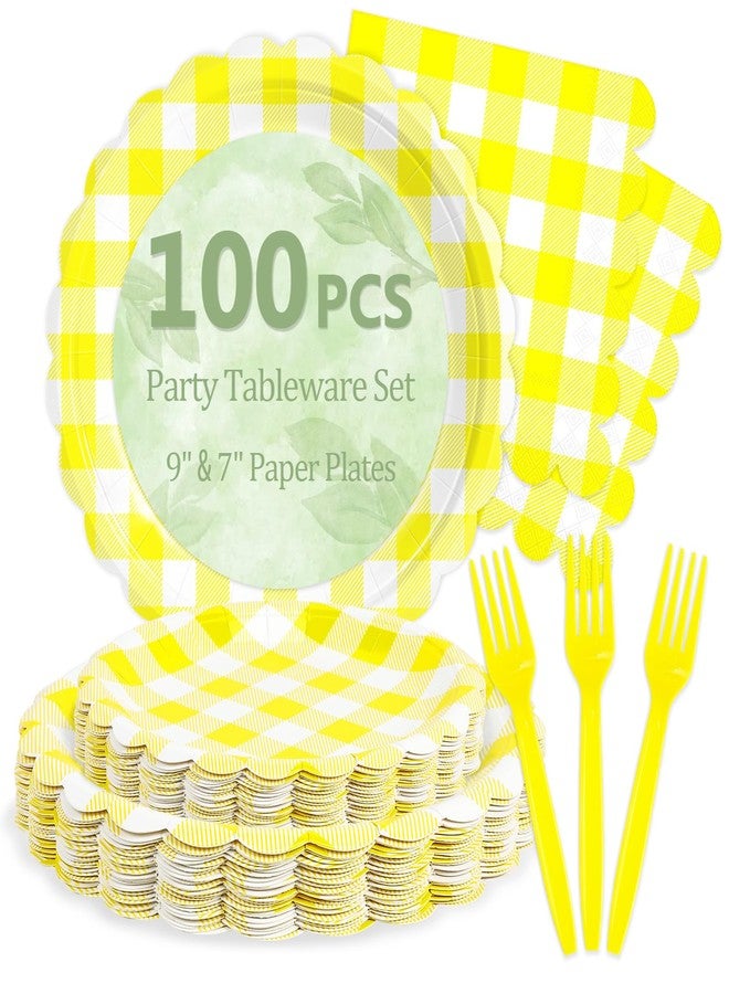 Mulbozy 100 Yellow Gingham Plates and Napkins Disposable Set Includes 25-9" & 25-7" Dessert Cake Scalloped Plates, Cocktail Napkins, Forks for for Holiday Party Supplies - Image 1
