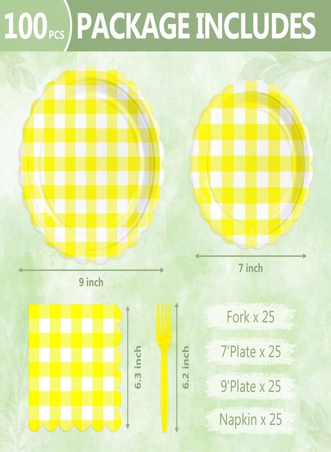 Mulbozy 100 Yellow Gingham Plates and Napkins Disposable Set Includes 25-9" & 25-7" Dessert Cake Scalloped Plates, Cocktail Napkins, Forks for for Holiday Party Supplies - Image 2