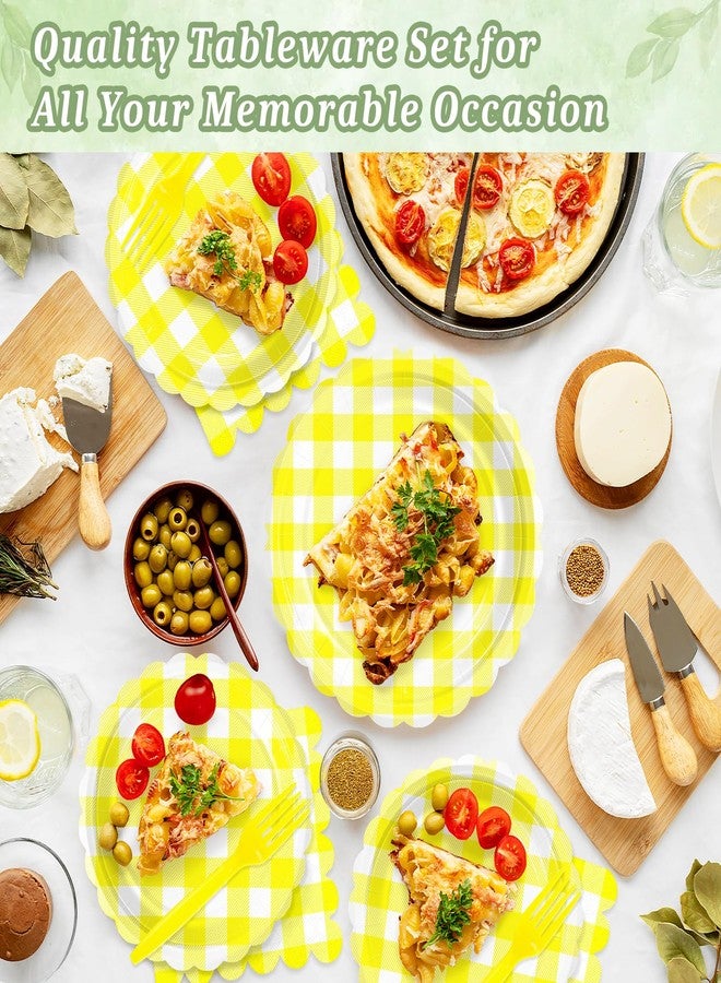Mulbozy 100 Yellow Gingham Plates and Napkins Disposable Set Includes 25-9" & 25-7" Dessert Cake Scalloped Plates, Cocktail Napkins, Forks for for Holiday Party Supplies - Image 3