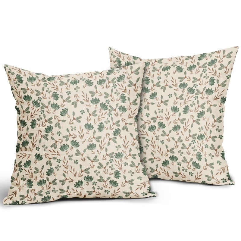 Aytipun Brown Green Floral Pillow Covers 18x18 Set of 2 Vintage Rustic Old Style Cute Small Flower Print Decorative Outdoor Pillowcases Farmhouse Throw Cushion Case Decor for Couch Sofa Bed - Image 2