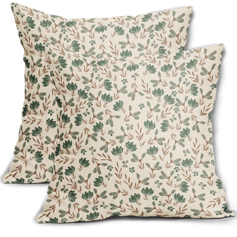 Aytipun Brown Green Floral Pillow Covers 18x18 Set of 2 Vintage Rustic Old Style Cute Small Flower Print Decorative Outdoor Pillowcases Farmhouse Throw Cushion Case Decor for Couch Sofa Bed - Image 1