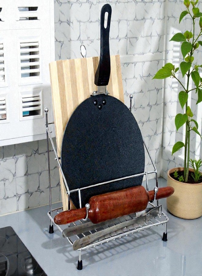 Standify® Tawa Holder_B Stainless Steel Rolling Pin & Tawa Holder Stand Heavy Duty Chapati Belan Stand with Tawa Organizer Rust-Free Kitchen Counter & Wall Mount Storage Rack. - Image 2