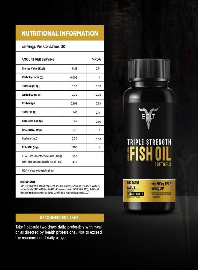 Bolt Triple Strength Omega-3 Fish Oil 1300mg Capsules (30 Softgel Capsules) 500mg EPA & 400mg DHA Fish oil - Image 5