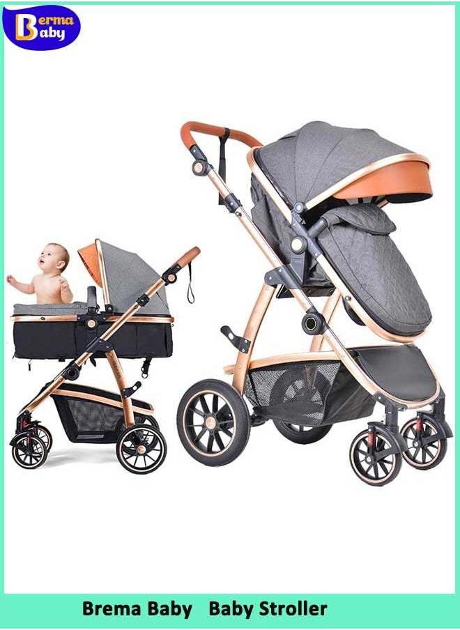 Berma Baby عربة أطفال قابلة للتحويل 2 في 1، عربة أطفال قابلة للطي ذات مناظر طبيعية عالية، عربة أطفال حديثة الولادة قابلة للطي ومظلة قابلة للتعديل، حقيبة حفاضات، مضادة للحفاضات  - Image 1