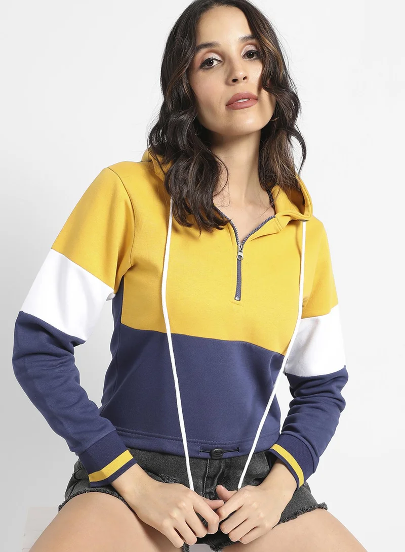 Campus Sutra Women's Multicolour Zip-Front Hoodie With Contrast Panels For Casual Wear | Hooded Neck  | Long Sleeve | Zipper Closure | Cotton Sweatshirt Crafted With Comfort Fit For Everyday Wear