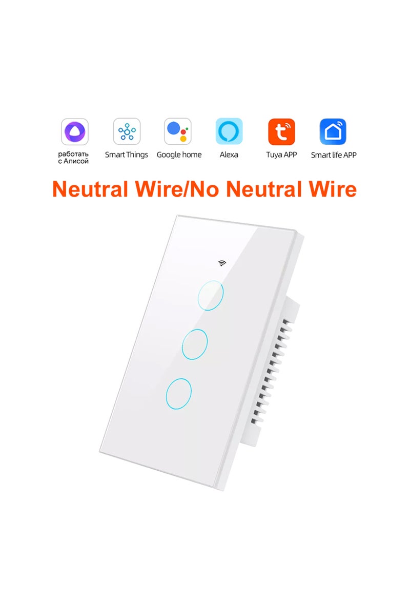 3 Gang Smart Life Wifi+Bluetooth Touch Light Switch No Neutral Wire &Neutral Wire US Touch Panel Wal