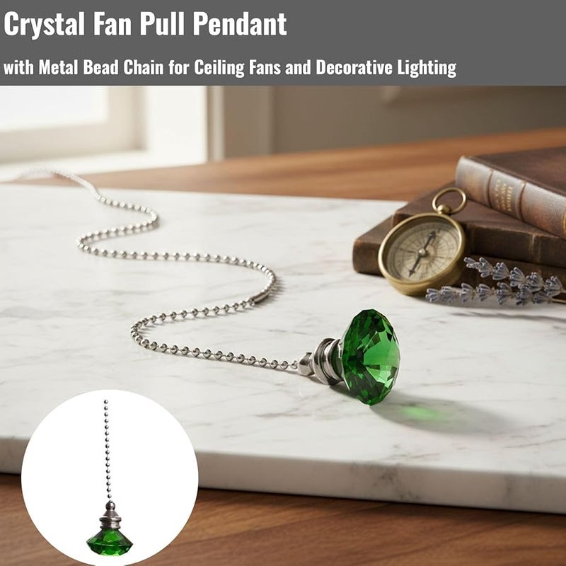 Green Crystal Fan Pull Pendant with Metal Bead Chain 50 cm for Indoor Outdoor Ceiling Fan - Image 1