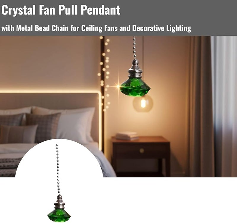 Green Crystal Fan Pull Pendant with Metal Bead Chain 50 cm for Indoor Outdoor Ceiling Fan - Image 2