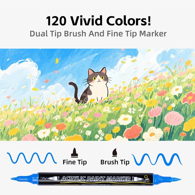 WINSONS 120 Colors Acrylic Paint Markers, Dual Tip with Fine Tip and Brush Tip Pens for Rock Painting Supplies, Canvas, Wood, Calligraphy, Metal, Ceramic, Glass, DIY Crafts Art Supplies Kit - Image 2