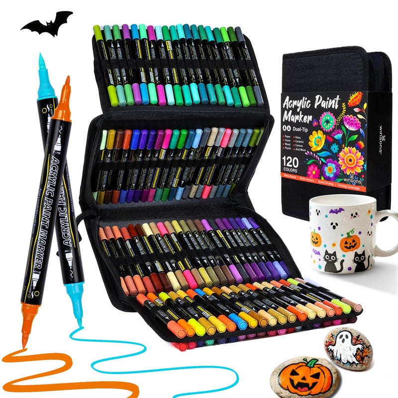 WINSONS 120 Colors Acrylic Paint Markers, Dual Tip with Fine Tip and Brush Tip Pens for Rock Painting Supplies, Canvas, Wood, Calligraphy, Metal, Ceramic, Glass, DIY Crafts Art Supplies Kit - Image 1