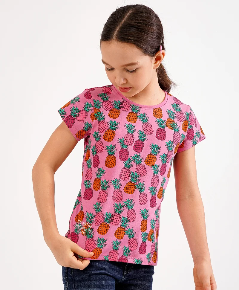 Primo Gino Primo Gino Half Sleeves Cotton T-Shirt Pineapple Print - Dark Pink