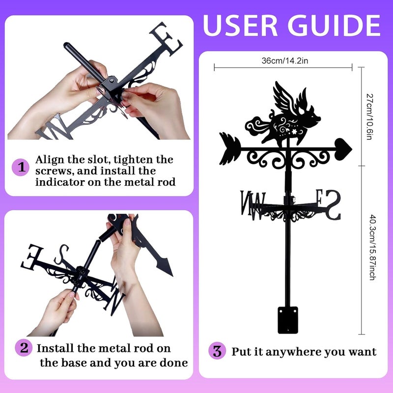 beinkmake Flying Pig Weathervane Clouds Metal Wind Vane Love Arrow Weathercock Garden Decoration Wind Direction Indicator Stake Roof Mount Ornament for Farmhouse Yard Outdoor - Image 2