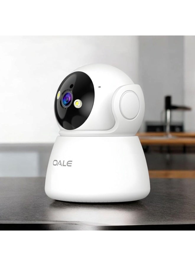 OALE Home Security Camera with Night Vision, CCTV camera Wi-Fi access 960P HD,  for home or outdoor, dual-track audio, SD card storage, motion detection, 360° full-view, white - Image 2