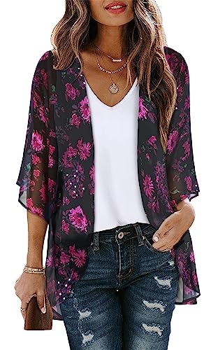 CHICGAL Women's Fall Tops Dressy Casual Kimono Cardigan Summer Loose Cover Up Blouse Hawaiian Shirts (RoseFloral, S) - Image 1