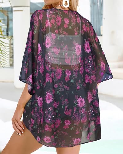 CHICGAL Women's Fall Tops Dressy Casual Kimono Cardigan Summer Loose Cover Up Blouse Hawaiian Shirts (RoseFloral, S) - Image 4