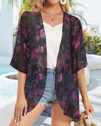 CHICGAL Women's Fall Tops Dressy Casual Kimono Cardigan Summer Loose Cover Up Blouse Hawaiian Shirts (RoseFloral, S) - Image 3