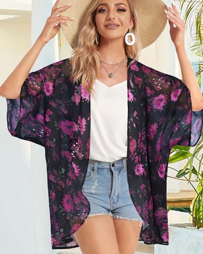 CHICGAL Women's Fall Tops Dressy Casual Kimono Cardigan Summer Loose Cover Up Blouse Hawaiian Shirts (RoseFloral, S) - Image 2